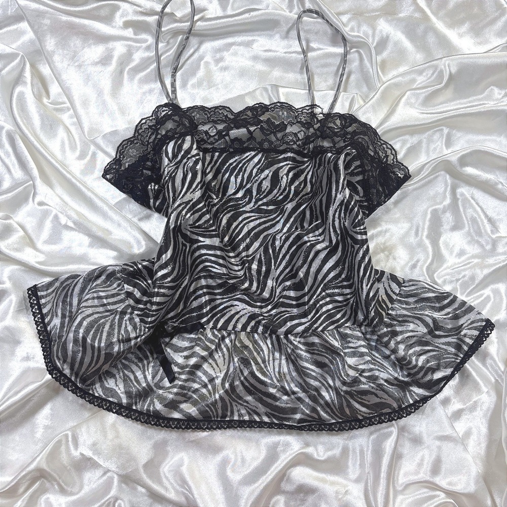 Vintage Camisole Top Silver Black Good Zebra Print Lace Trim Y2K Stroke Midnight